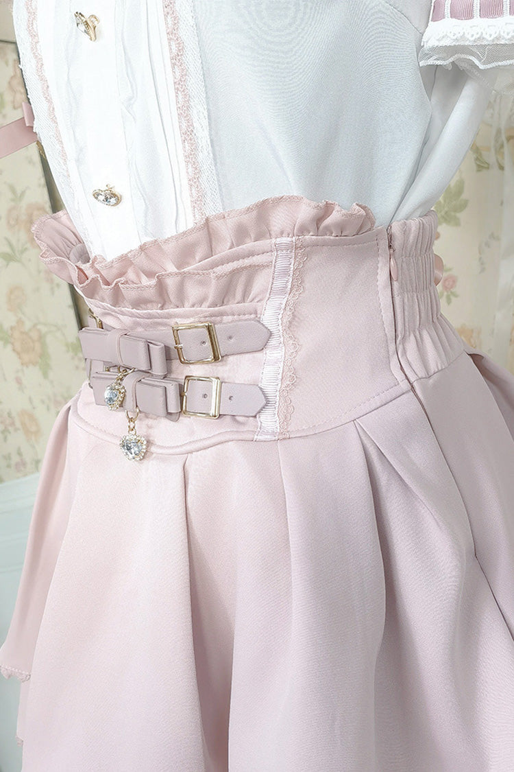 White/Pink Lapel Collar Short Sleeves Double-Layered Ruffle Bowknot Sweet Jirai Kei Set