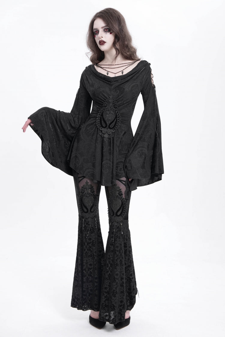 Black Long Trumpet Sleeves Print Embroidery Women's Gothic Blouse