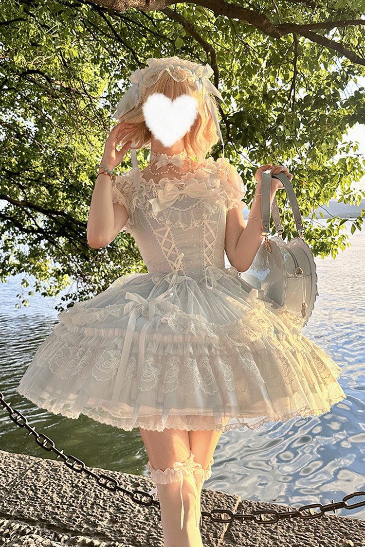 Blue [Candy House] Sleeveless Ruffle Bowknot Lace Lace-Up Sweet Lolita Jsk Dress