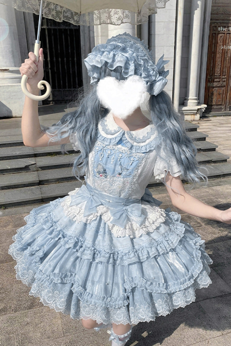 Robe Lolita douce à volants triples brodés à manches courtes avec col à revers bleu [baleine] 