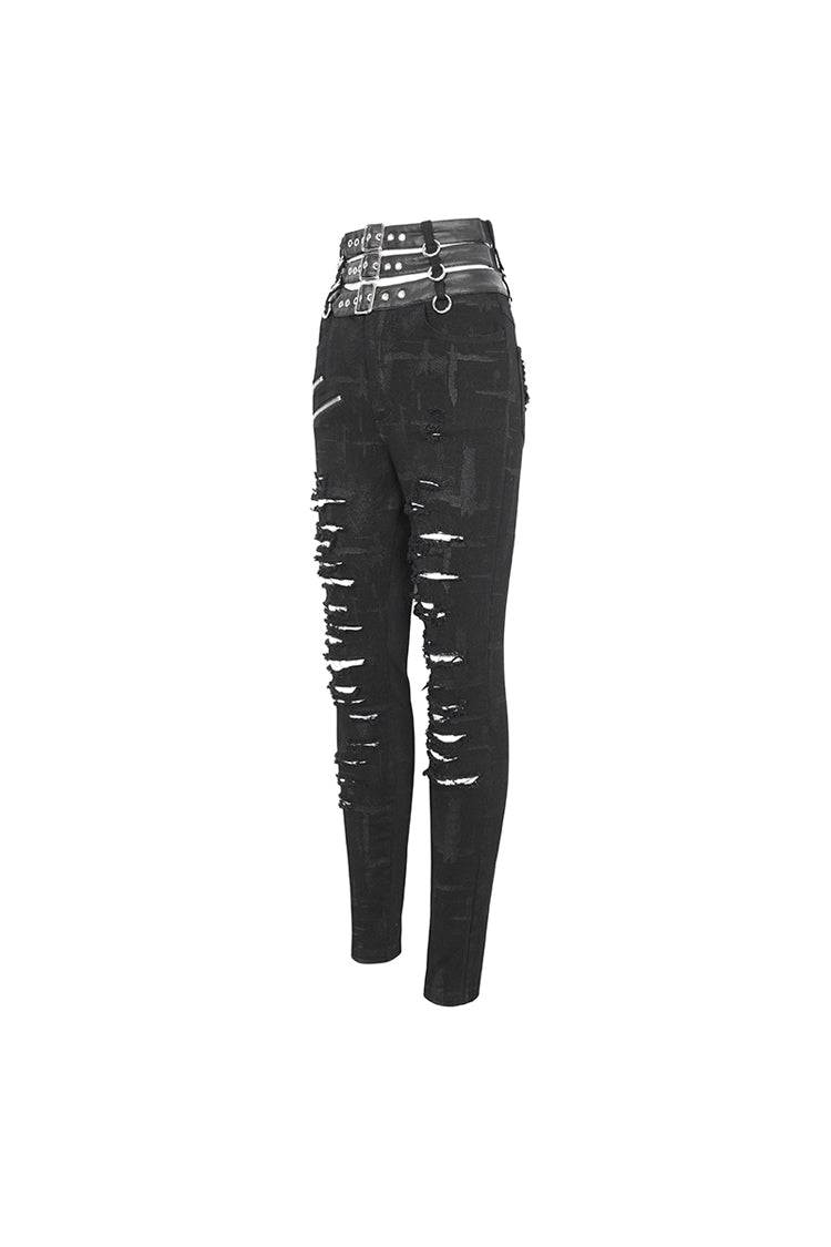 Black High Waisted Loophole Ripped Buckle Women's Punk Pants