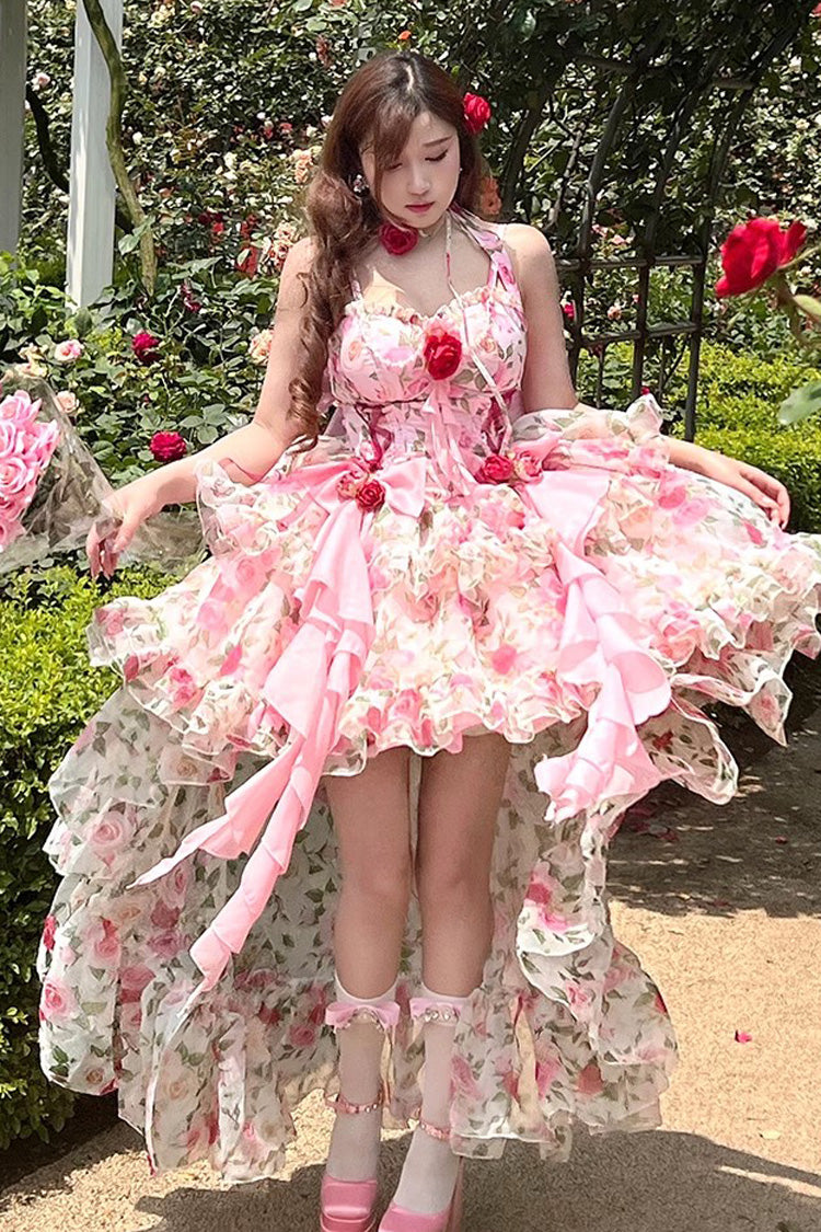 Pink Multi-Color Rose Print Sleeveless Sweet Lolita Strapless Dress
