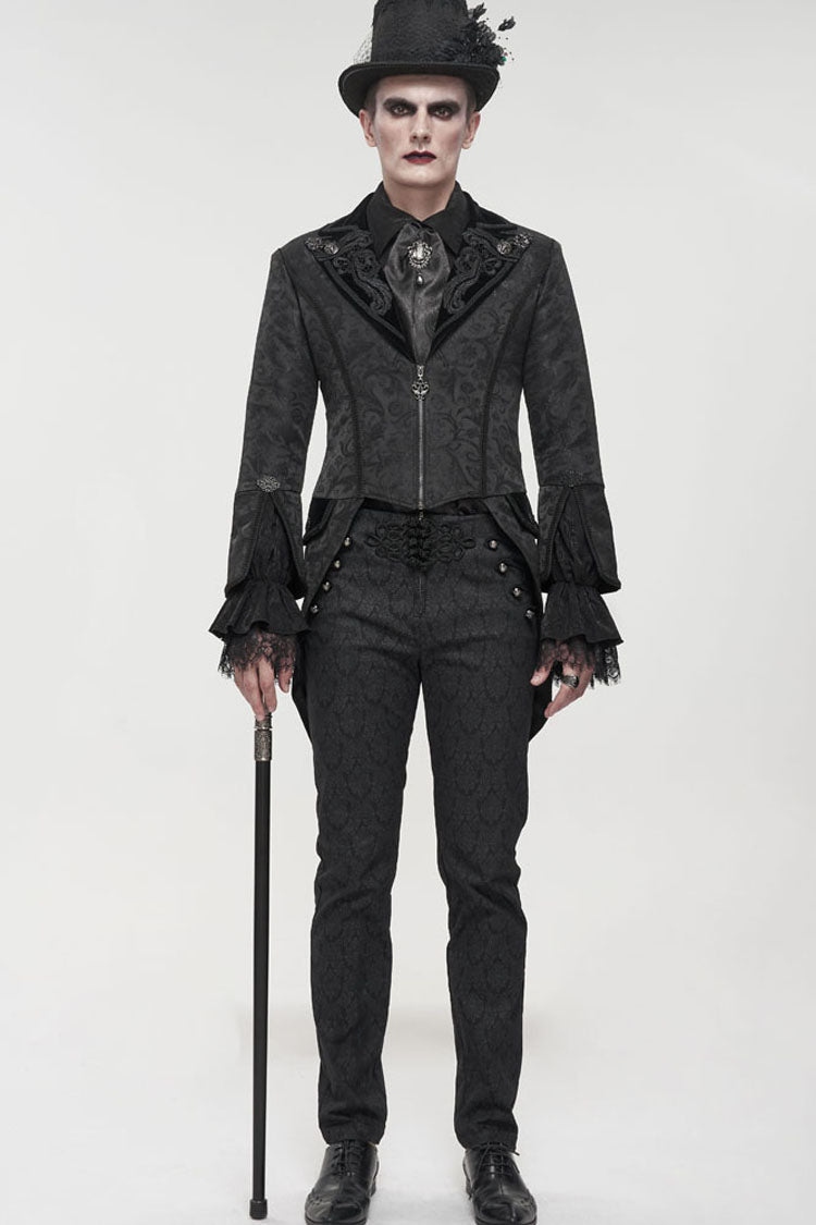 Black Gothic Embroidered Print Pattern Metal Pattern Buckle Decoration Trumpet Sleeve Men's Swallowtail Coat