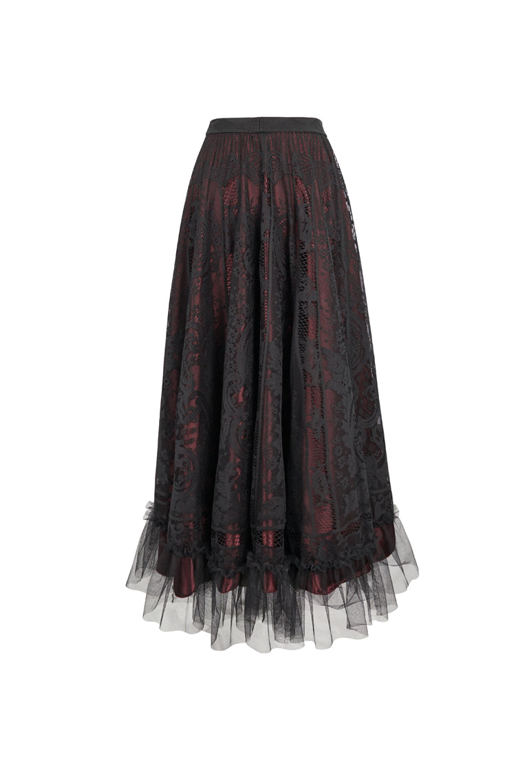 Black/Red Lace Flower Mesh Hem Paneled Ruffles Lace Big Swing Women's Gothic Skirt