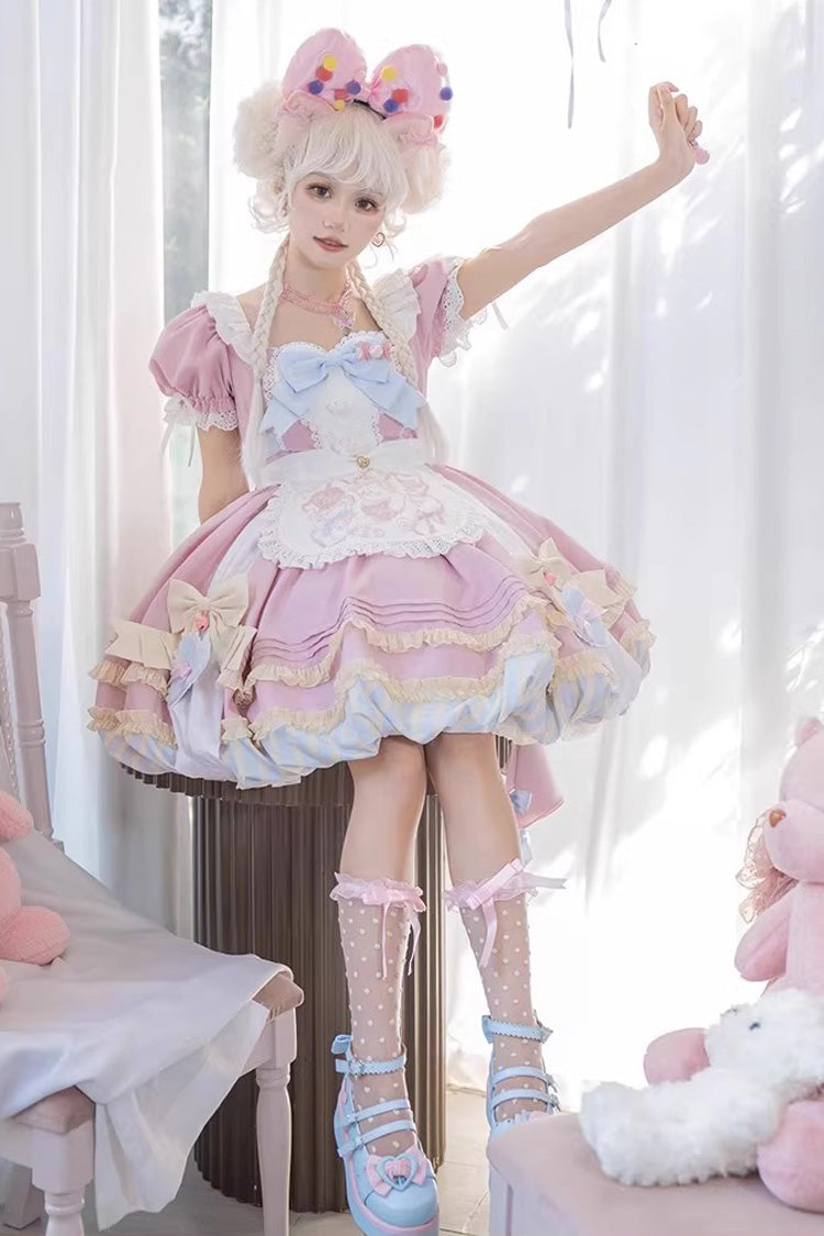 Pink Short Sleeves Multi-Layered Ruffle Bowknot Sweet Princess Lolita Dress Full Set
