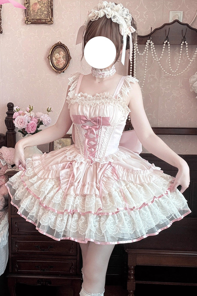 Pink [Bale Bebe] Sleeveless Triple-Layered Ruffled Bow Lace-Up Sweet Ballet Lolita Dress
