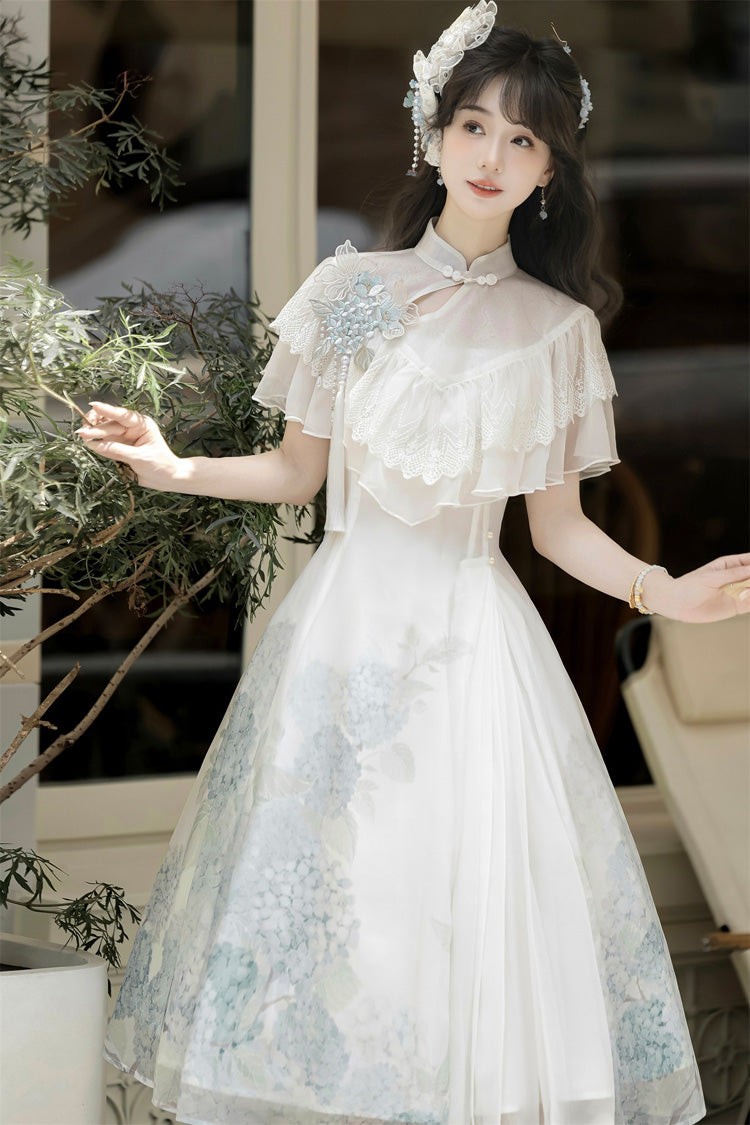 Blanc [Message Hydrangea] Manches courtes Imprimé Volant Dentelle Doux Style chinois Élégant Robe courte Lolita 