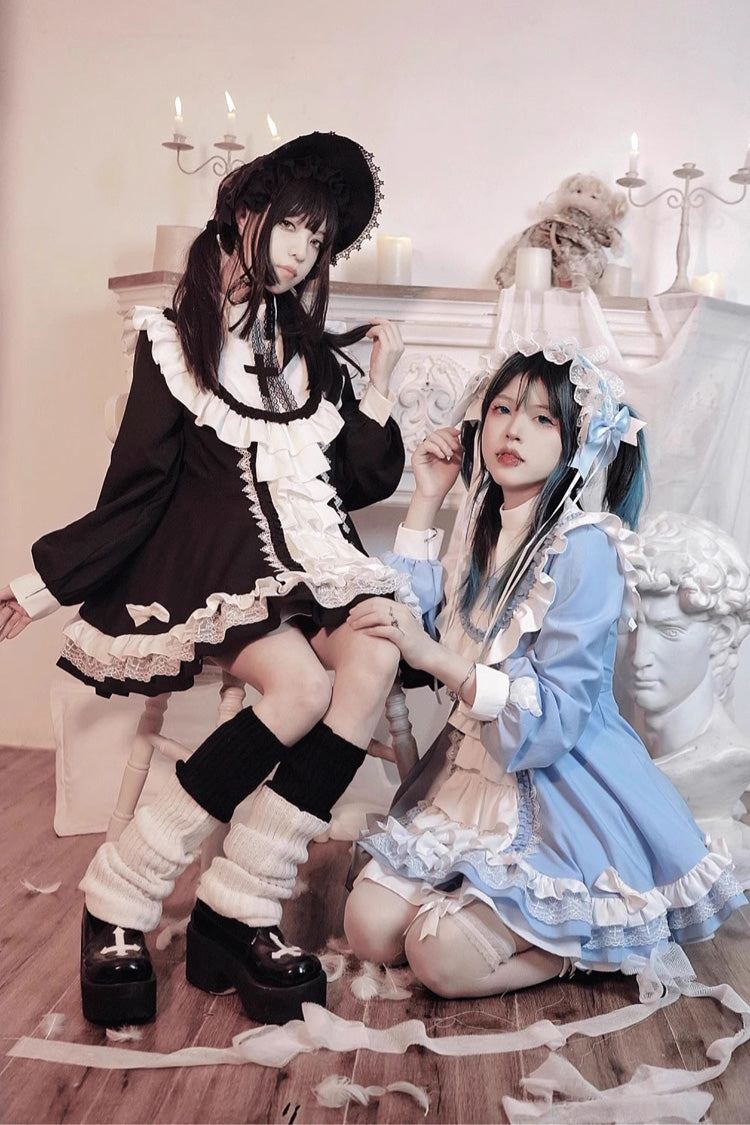 White/Blue Long Sleeves Multi-layer Cross Print Nun Style Ruffle Sweet Lolita Dress