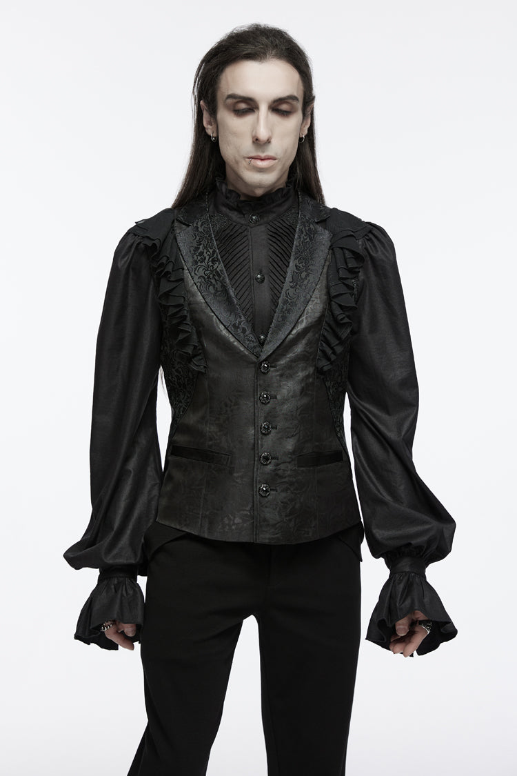 Black Sleeveless Buckle-up Ruffle Men's Gothic Vest