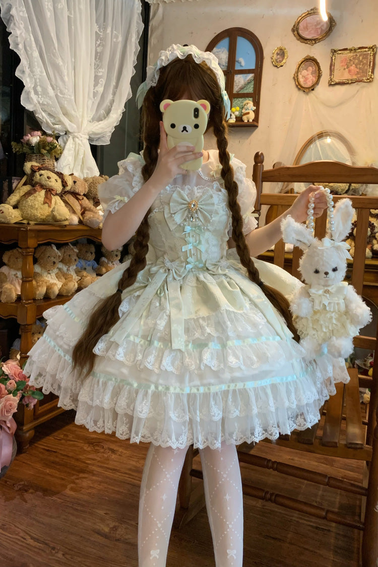 Green [Snow Kissed Romance] Sleeveless High Waisted Multi-Layered Bowknot Lace Pearl Sweet Ballet Lolita Jsk Dress