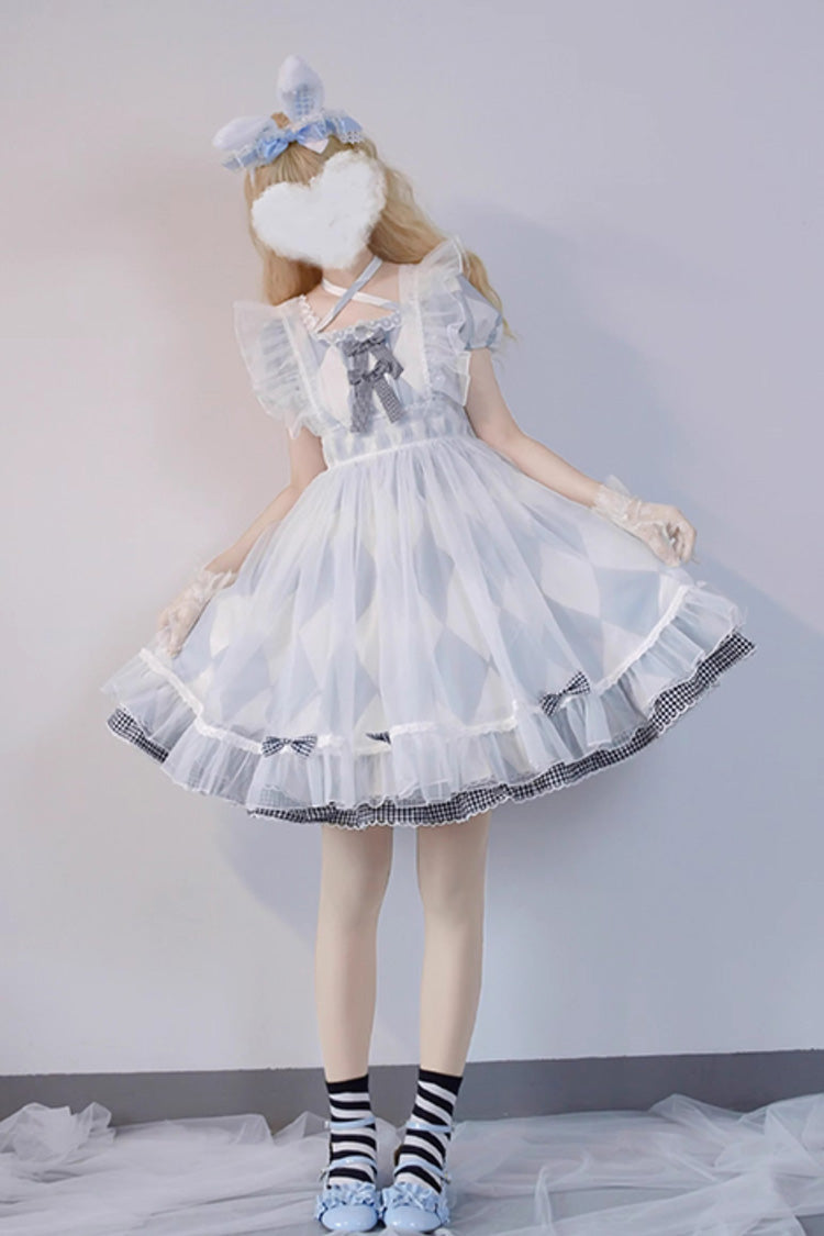 White/Blue Short Sleeves Diamond Plaid Print Bowknot Alice Sweet Lolita Dress