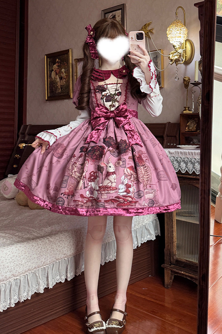 Red Short Sleeves Rabbit Sunflower Print Ruffle Embroidery Bowknot Sweet Lolita Dress