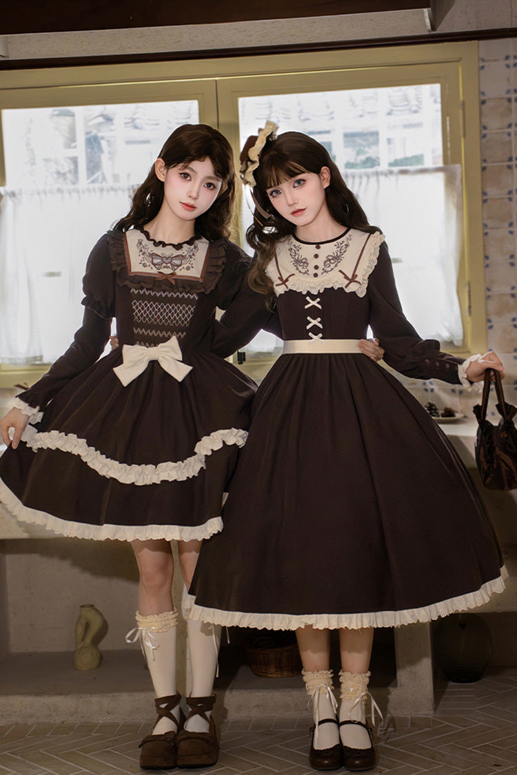 Brown [Miss Brown] Long Sleeves Ruffle Bouquet Embroidery Sweet Lolita Dress (Long Version)