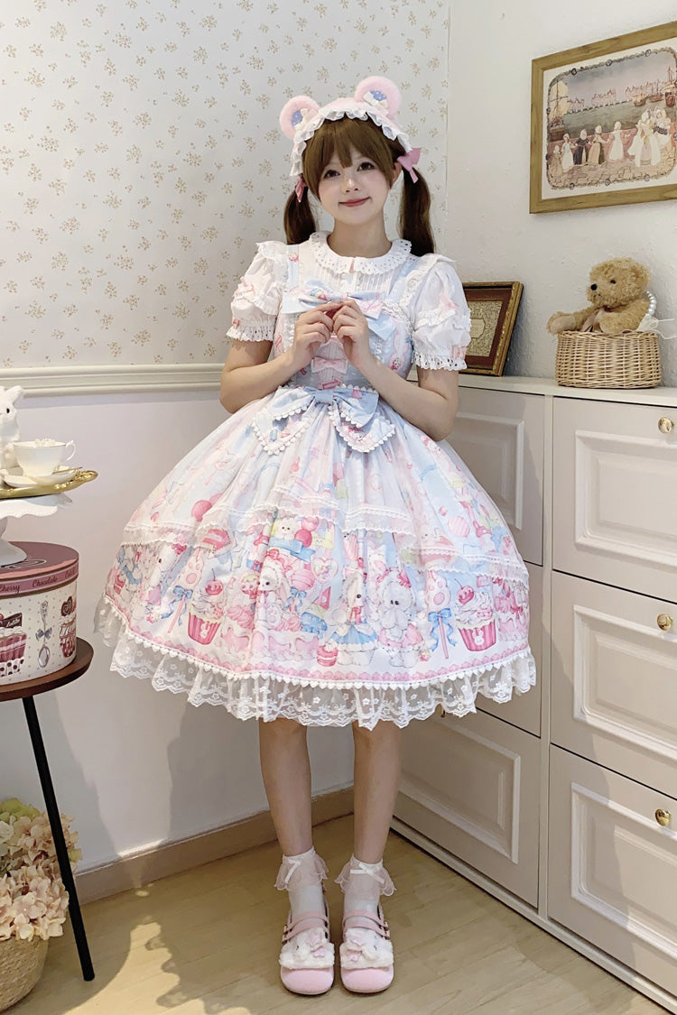 Blue [Cute Rabbit Sweet Cake] Print Ruffle Bowknot Lace Sweet Lolita Jsk Dress