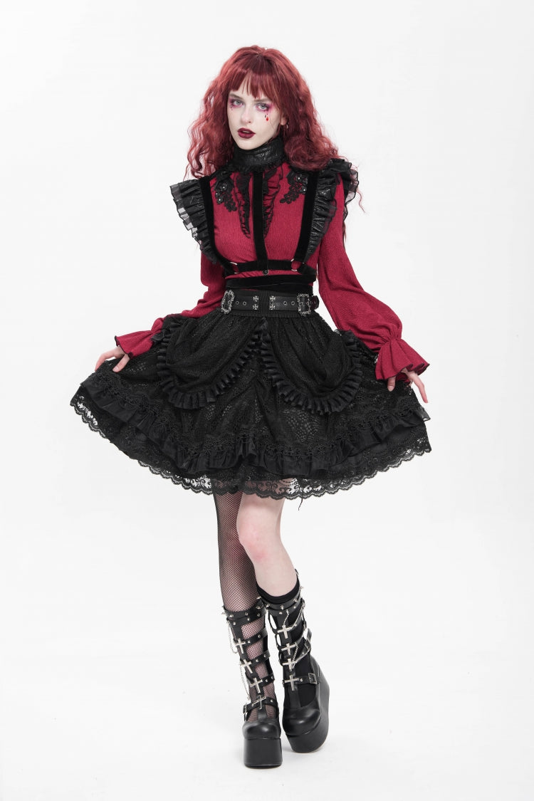 Black Multi-Layered Ruffle Buckle Straps Women's Gothic Skirt