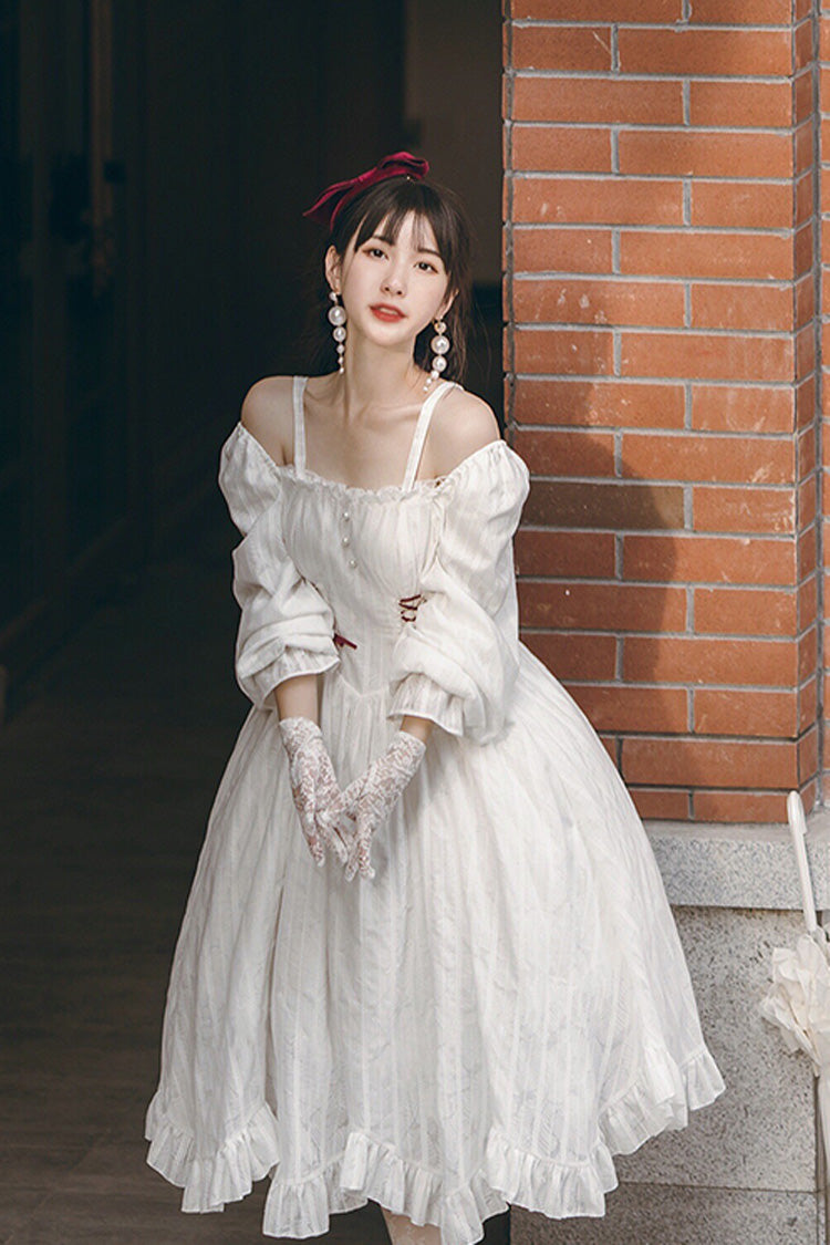 White Roman Covenant Boat Neck Long Sleeves Ruffle Classic Lolita Dress