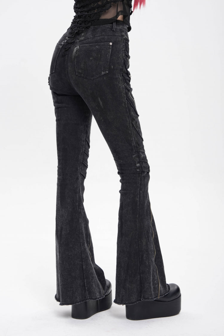 Black Zipper Pleated Women's Punk Flared Pants