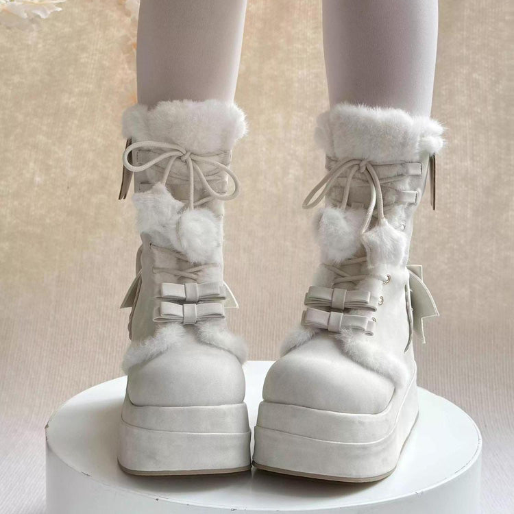 Beige Cute Platform Thick-Soled Bowknot Lace-Up Sweet Lolita Plush Boots