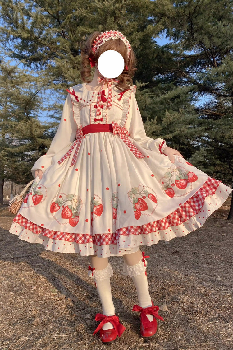 Süßes Lolita-Kleid-Set in Weiß mit Rüschen und Schleife und Erdbeer-Print