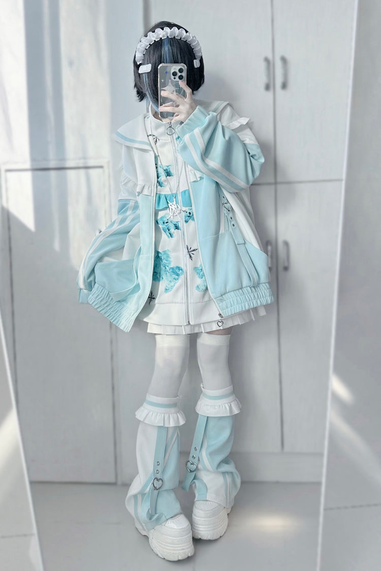 Jirai Kei Long Sleeves Ruffle Color Matching Zipper Coat 3 Colors