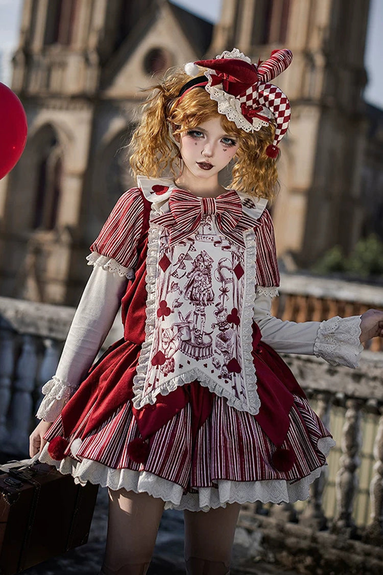Rot [Briefe und Gedichte · Puppenmaske] Poker Clown Langarm Rüschenschleife Gothic Lolita Kleid Set