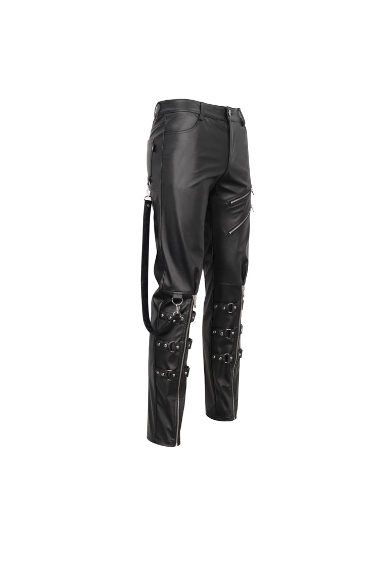 Black Removable Right Side Zipper Faux Leather Men's Punk Pants