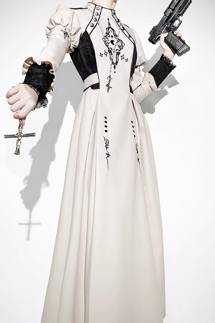 White Long Sleeves Moon Talisman Print Gothic Lolita Long Dress