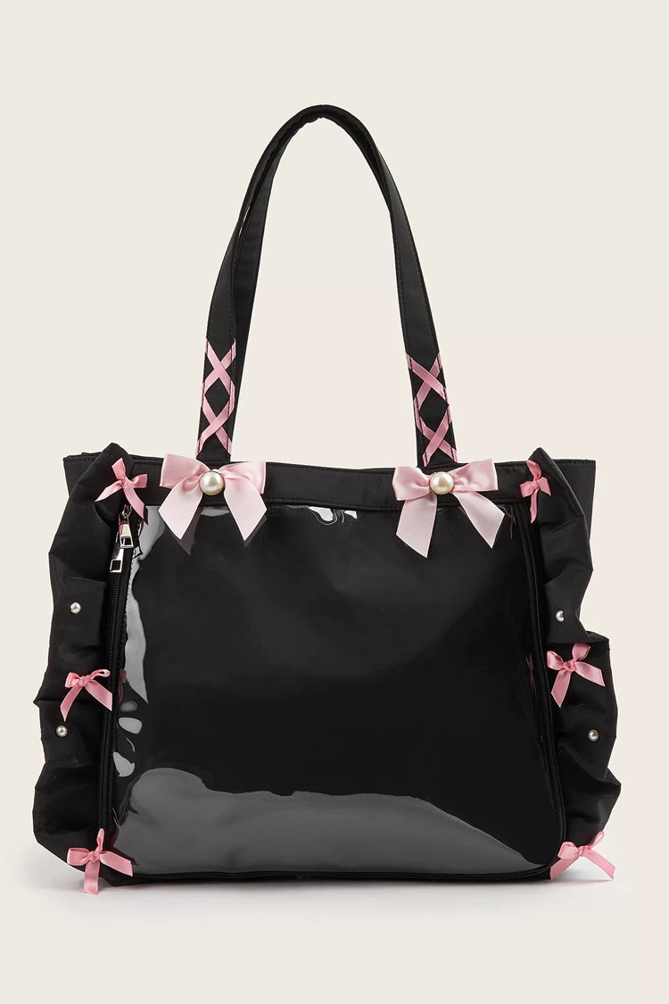 Süße Lolita Ita-Einkaufstasche mit Rüschen und Schleife, großes, transparentes Fenster, Umhängetasche, Handtasche, 3 Farben