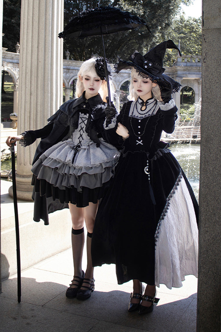Black/Grey Witch Long Sleeves Gradient Multi-Layered Ruffle Bowknot Lace Gothic Chinese Style Lolita Dress