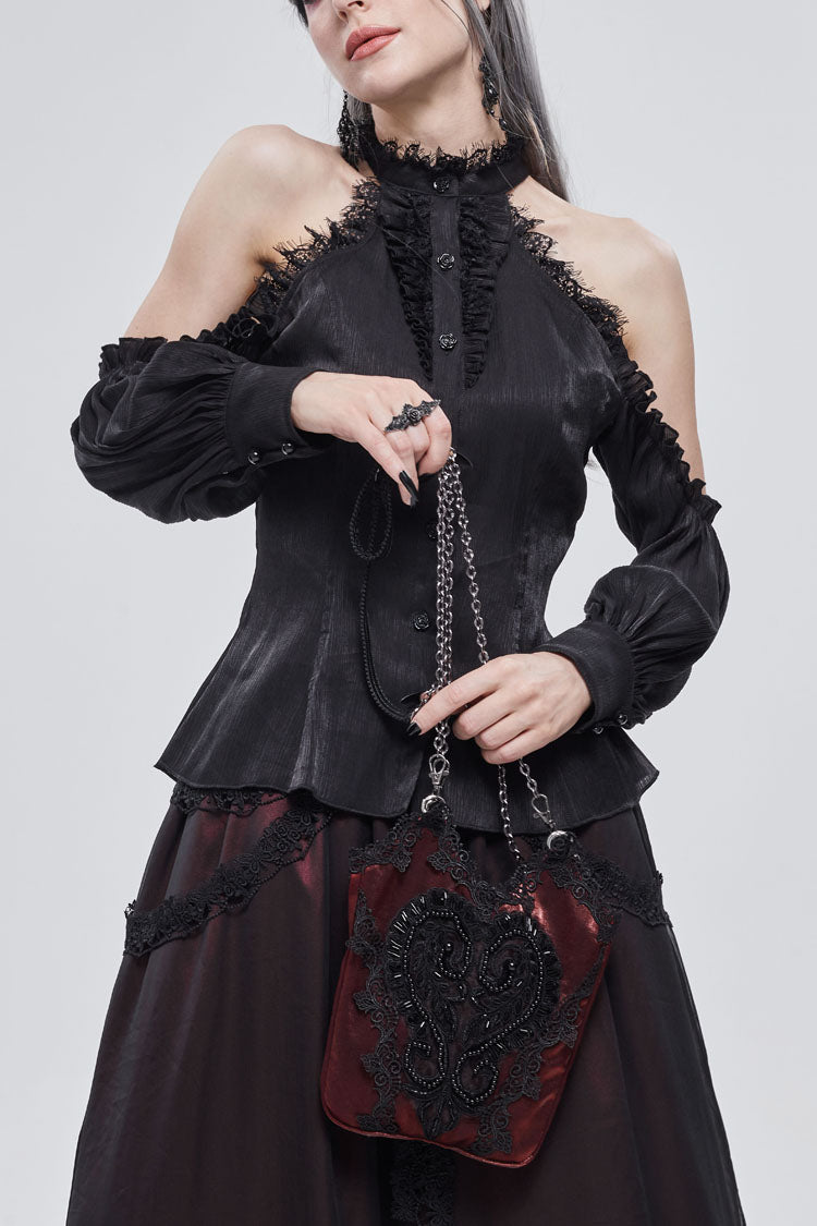 Black Lantern Sleeves Off The Shoulder Halter Lace Ruffled Women's Gothic Shirt