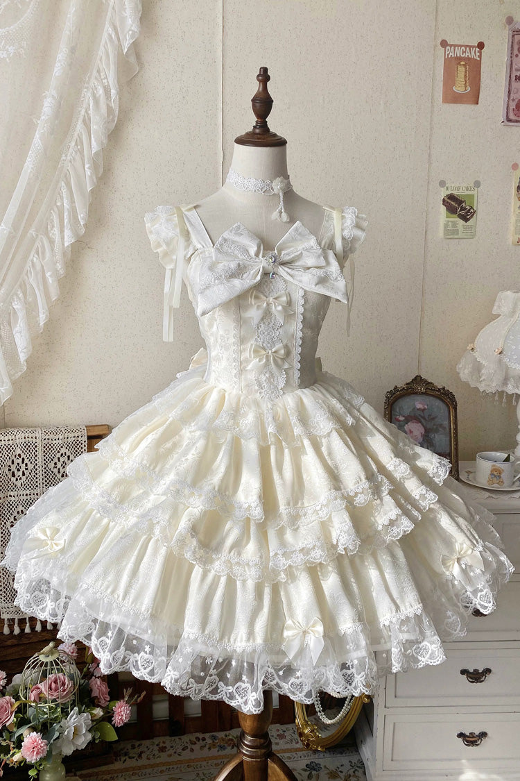 Robe Lolita Jsk Beige [Sweet Mist Cherry Romance] sans manches multicouche Hanayome en dentelle avec nœud