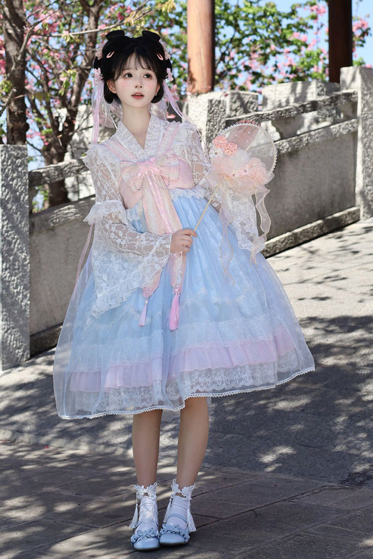 [Peach Blossoms in Spring Fields] Sleeveless Ruffle Bowknot Lace Sweet Chinese Style Lolita Jsk Dress 3 Colors