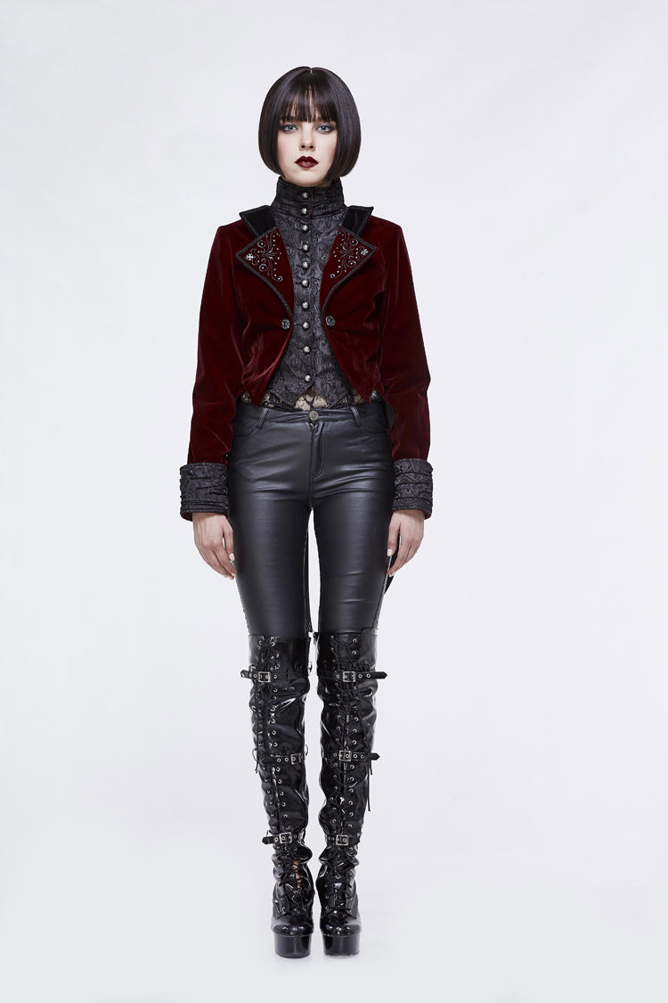 Red/Black Jacquard Lapel Embroidered Metal Nail Velveteen Swallowtail Women's Gothic Coat