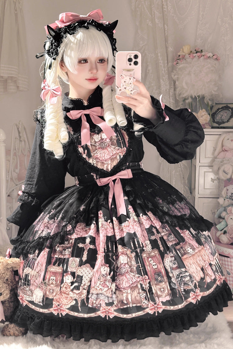 Black [The Case of the Missing Lamb] Print Ruffle Bowknot Lace Gothic Lolita SK Skirt