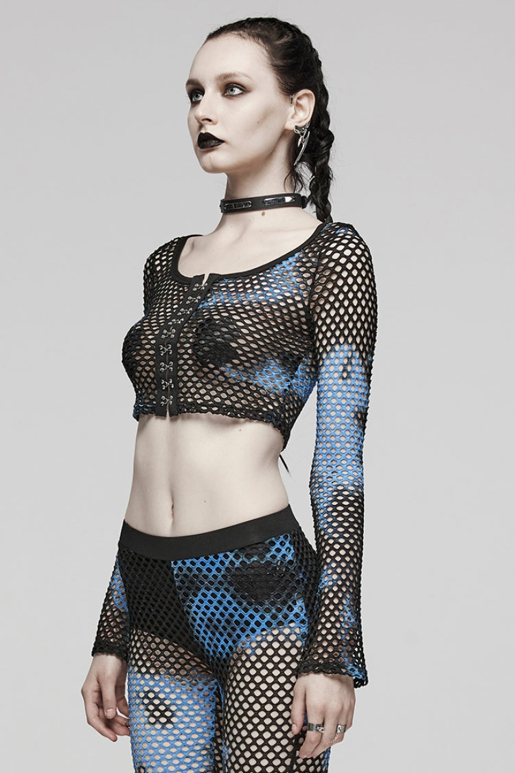 Langärmliges, hohles, genähtes und Batik-Steampunk-Kurz-T-Shirt für Damen in 3 Farben