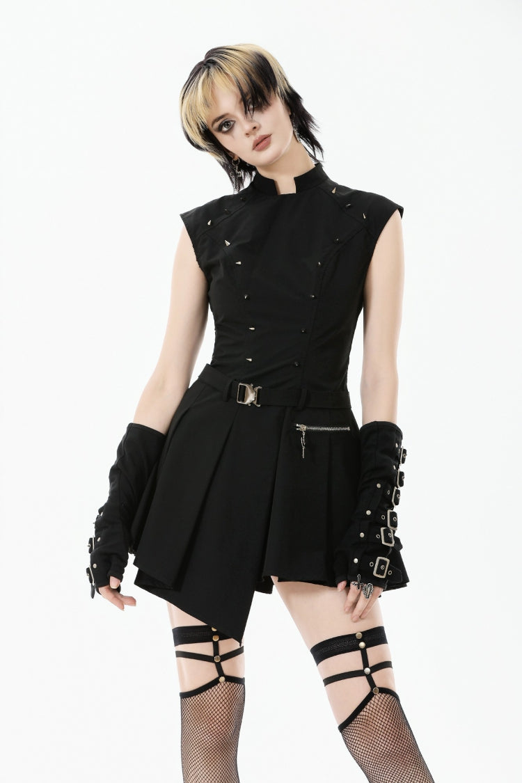 Black Women's Punk Stand Collar Sleeveless Studded Asymmetrical Pleated Dress with Waist Buckled Belt