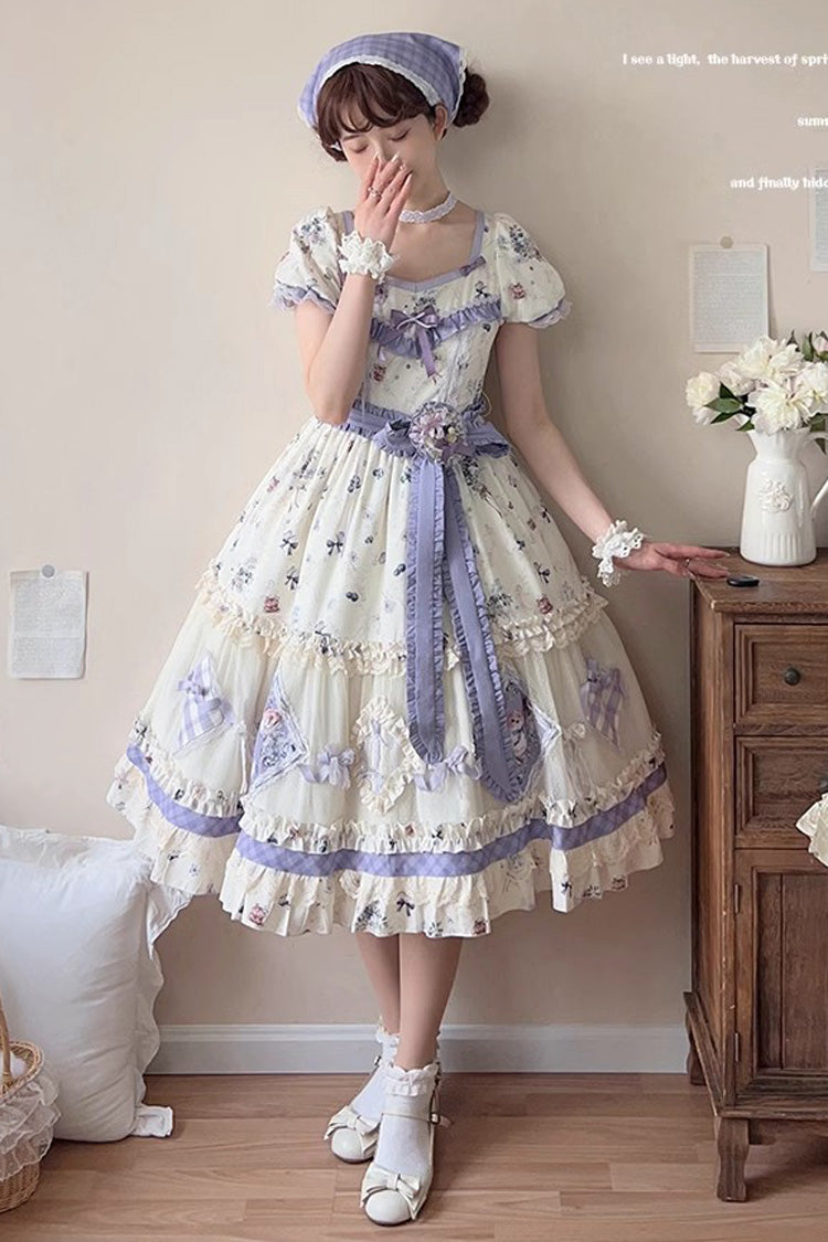Purple/Ivory Blueberry Pie Print Short Sleeves Ruffle Bowknot Sweet Lolita Dress