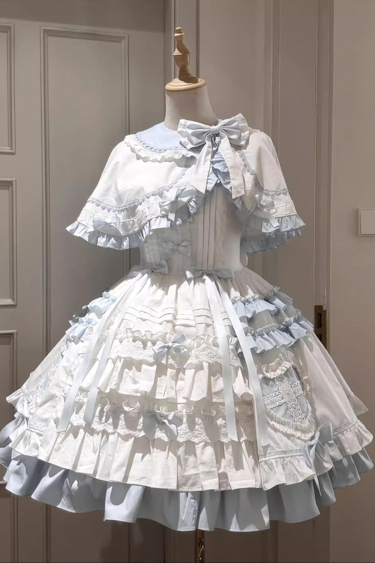 White/Blue [Window Dolls] Multi-Layered Ruffle Love Bowknot Sweet Princess Lolita Jsk Dress with Cape