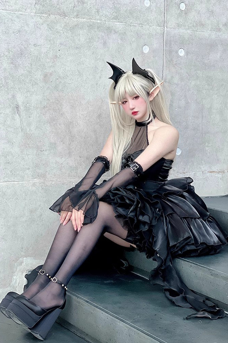 Pure Black Little Devil Sexy Princess Slim Gothic Lolita Strapless Tiered Dress