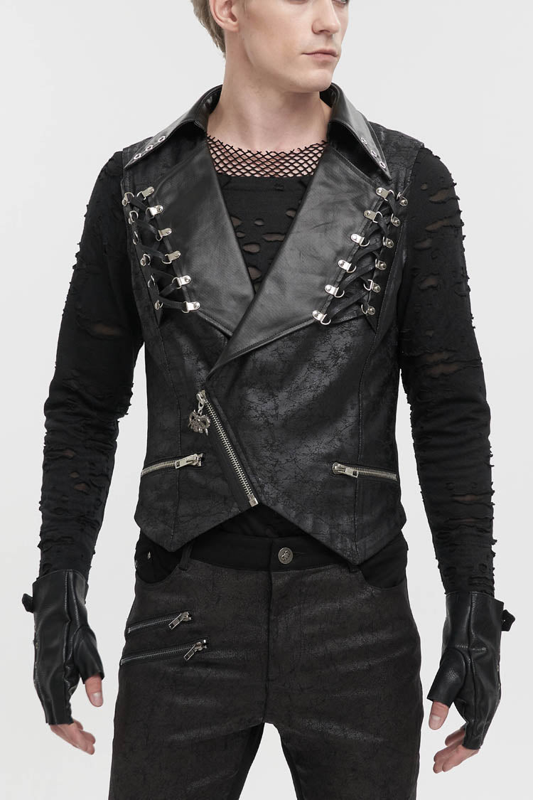 Black Lapel Fitted Atomized Crack Front Chest Crossover Rope Men's Punk Vest