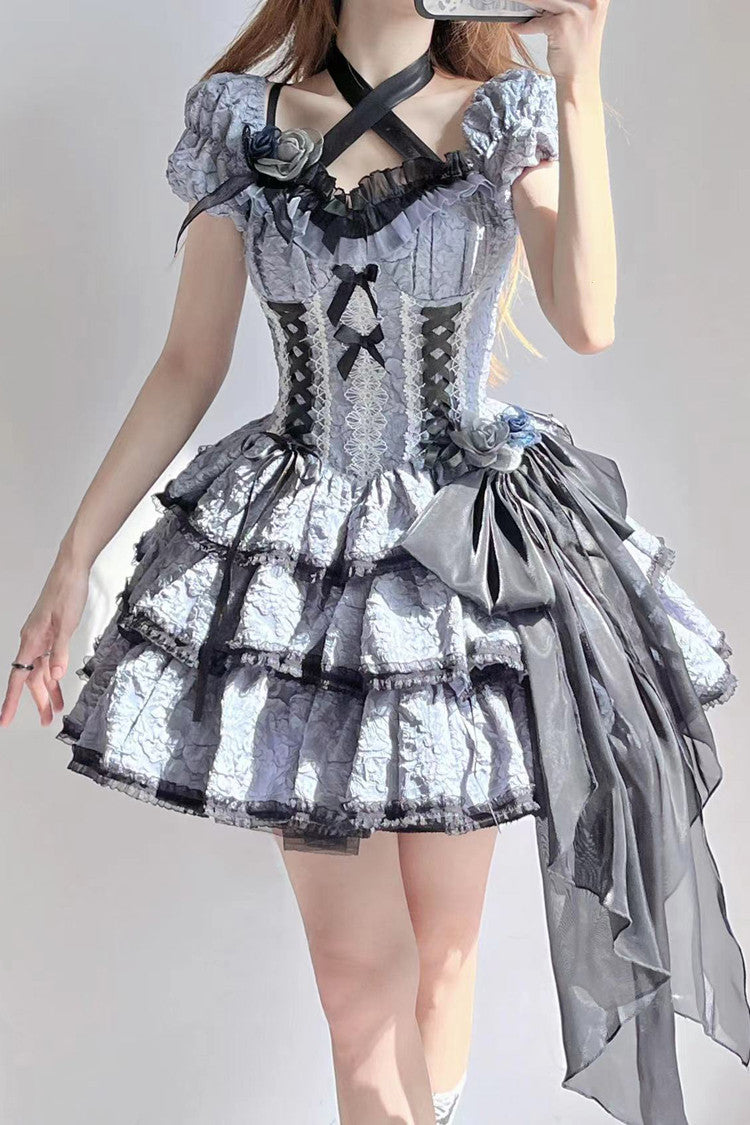 Black/Blue Medea Kiss Short Sleeves Gothic Lolita Op Tiered Dress