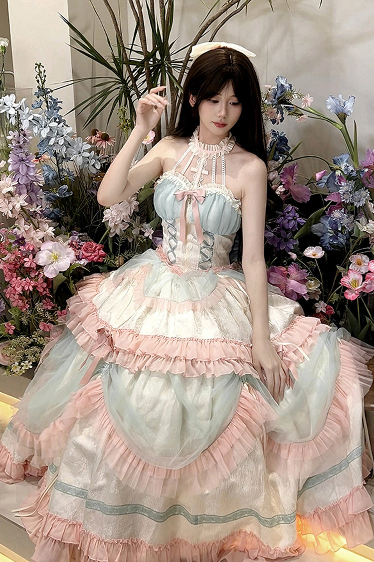 Multi-Color Mermaid Halterneck Ruffle Bowknot Lace Lace-Up Sweet Lolita Dress