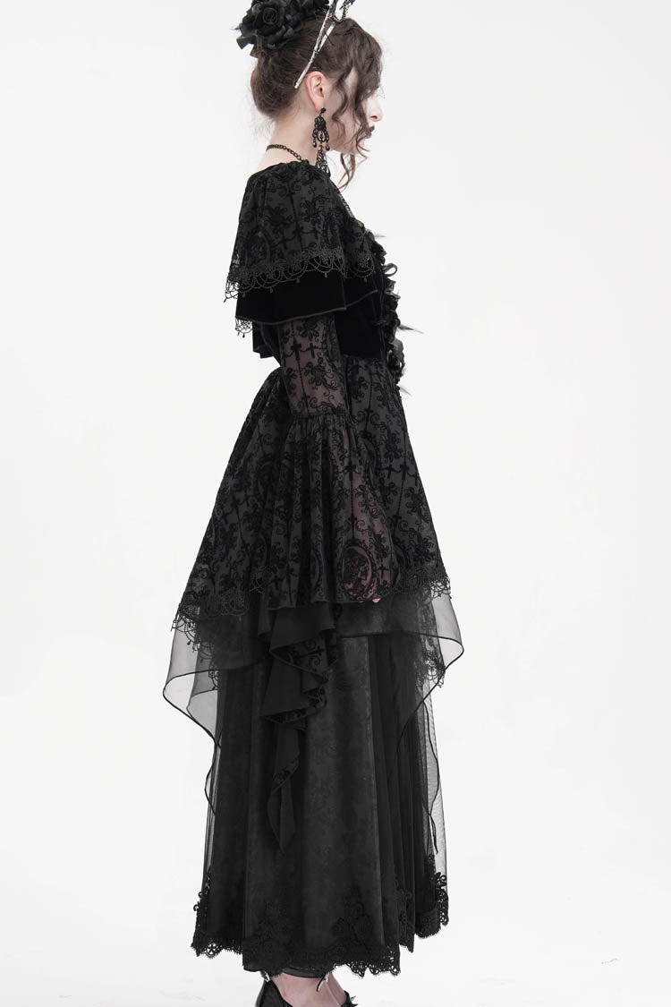 Schwarzes gehäkeltes Gothic-Kleid mit langen Ärmeln aus Hanayome-Spitze für Damen