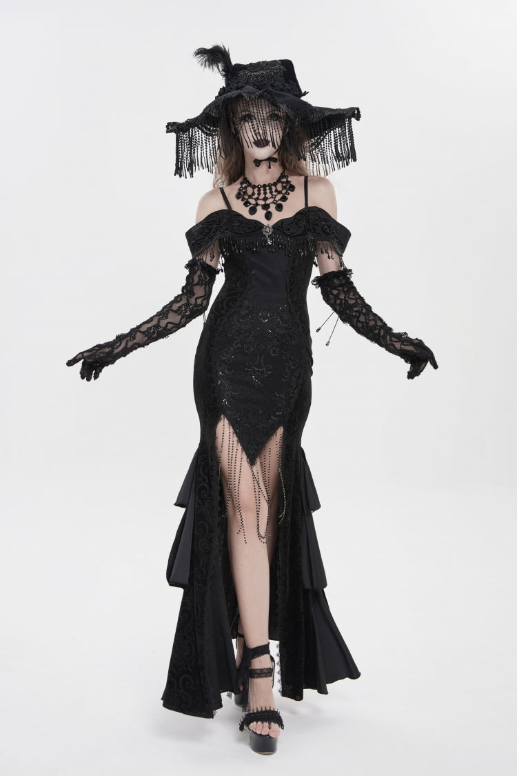 Black Off Shoulder Sleeveless Embroidered Lace Slim Women's Gothic Gorgeous Strapless Dress