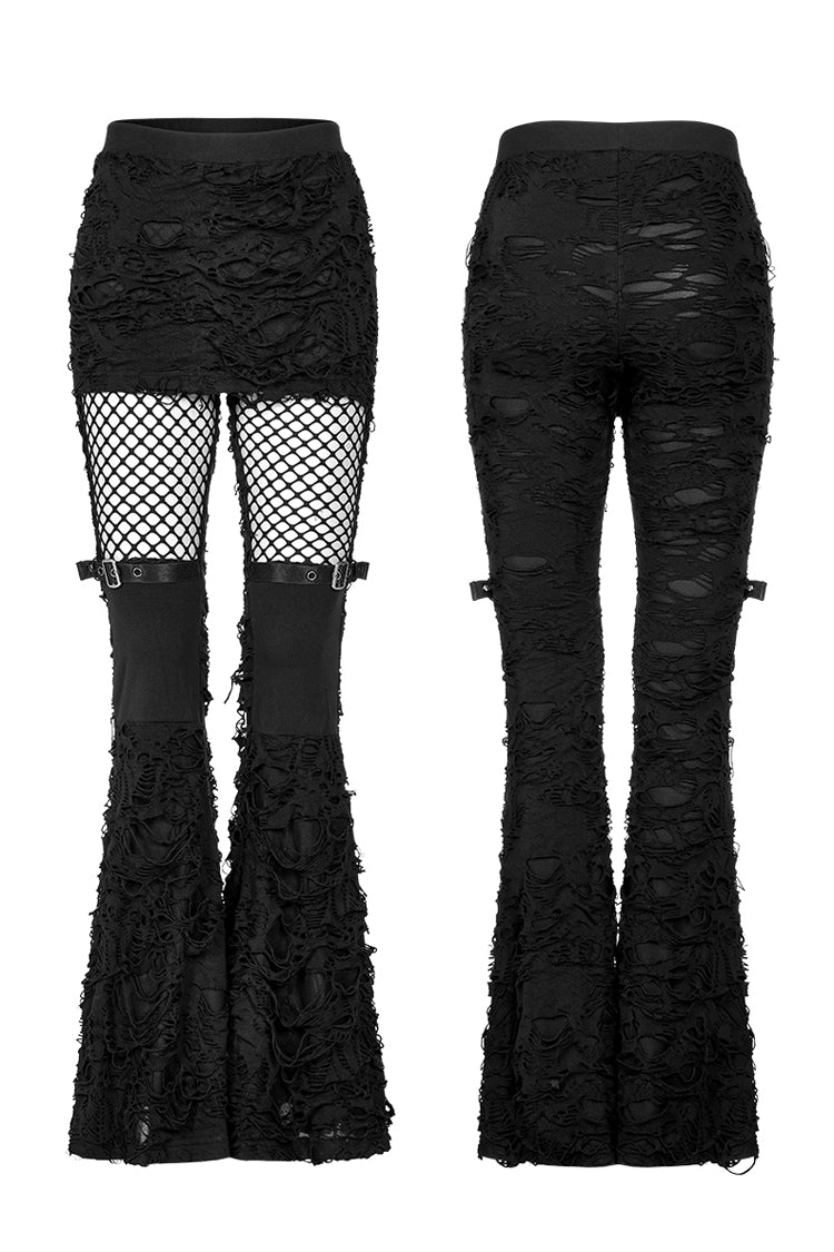 ブラックステッチメッシュリップドレディースパンクフレアパンツ