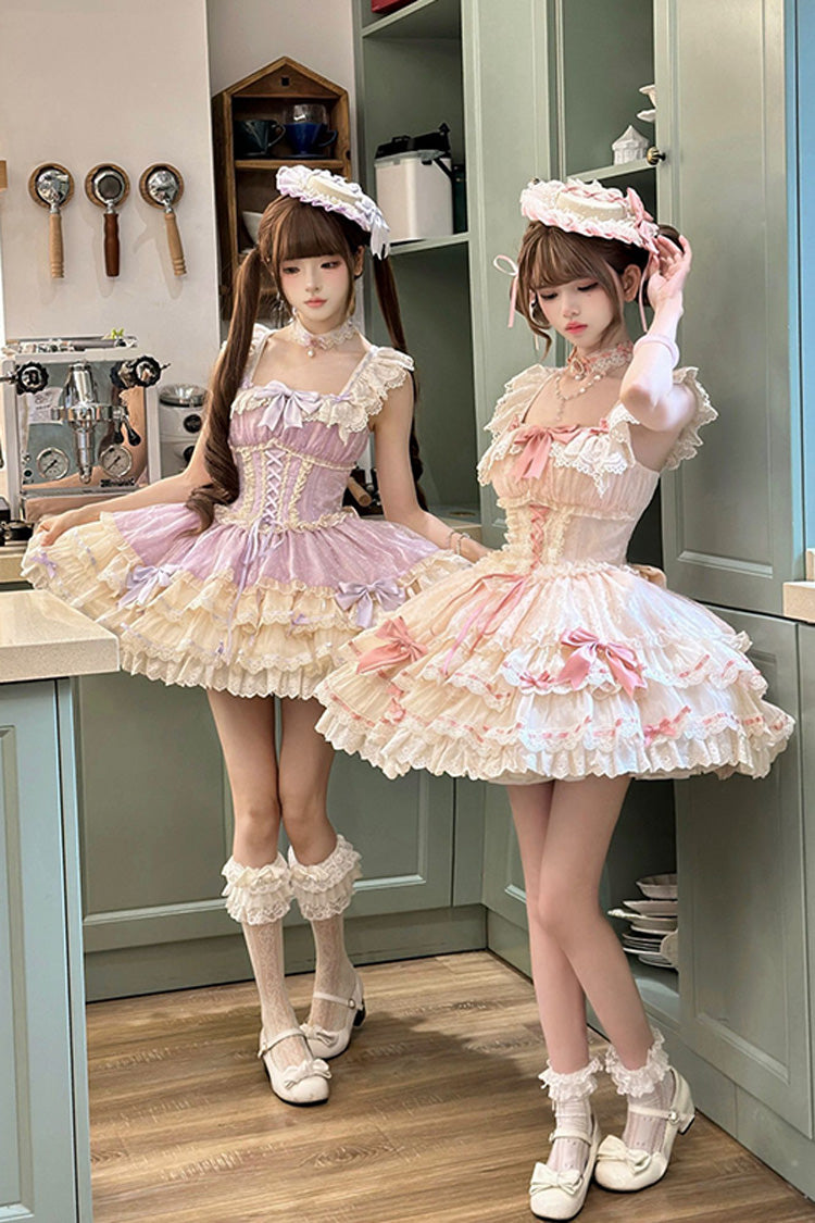 パープル [Flory Butterfly] ダブルレイヤード ラッフル ボウノット レース レースアップ スイート バレエ ロリータ Jsk ドレス 
