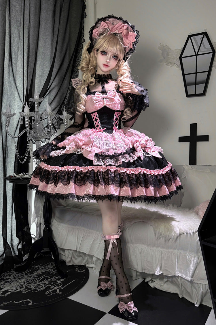 Black/Pink [Rose Princess] Sleeveless Ruffle Bowknot Lace Lace-Up Sweet Ballet Lolita Jsk Dress