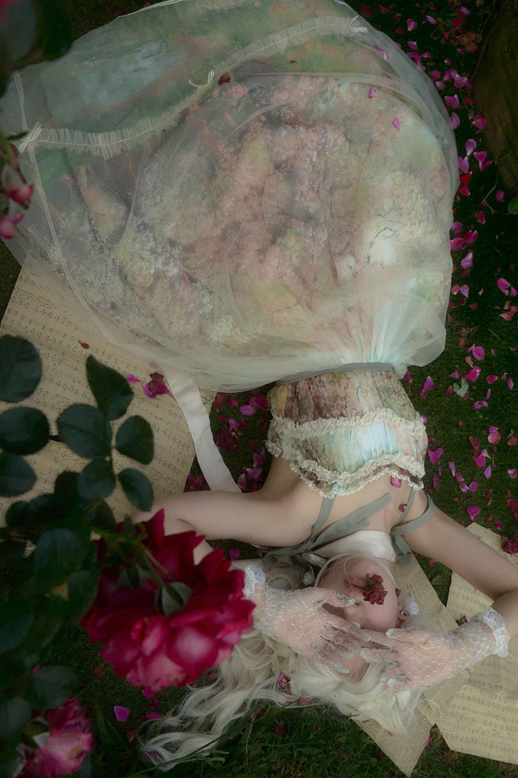 Green [Oil Painting – Spring] Sleeveless Print Ruffle Bowknot Lace Sweet Lolita Jsk Dress