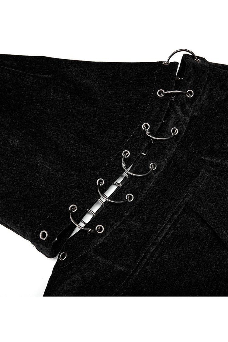 Schwarzes Punk-Damenhemd aus lockerem Samt mit zweigeteiltem, abnehmbarem Langarm, unregelmäßigem Saum und langer Tasche