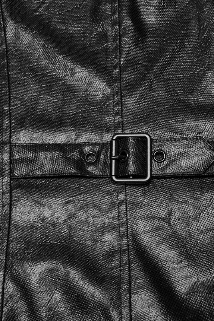 Manteau punk pour homme avec manches longues noires, fronces, coutures en faux cuir, capuche amovible 